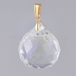 ガラスチャーム  金メッキ真鍮ペンダントベイル付き  多面カット  ラウンド  クリアAB  35x31mm  穴：10x4mm&nbsp;PALLOY-JF00445-03