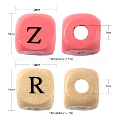 420個2スタイルの天然木プリントビーズ  水平穴  染め  頭文字を持つキューブ  ミックスカラー  10x10x10mm  穴：3~4mm  210個/スタイル&nbsp;WOOD-LS0001-31