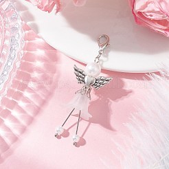 8個 8色 フロストアクリル&ガラスパールフラワーエンジェルペンダントデコレーション  合金製の翼とロブスタークロー留め金付き  アンティークシルバー＆プラチナ  ミックスカラー  60mm  1pc /カラー&nbsp;HJEW-JM03479