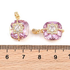真鍮の舗装キュービックジルコニアペンダント  スクエアチャーム  ピンク  18KGP本金メッキ  21x12x11mm  穴：2.5x1.5mm&nbsp;CU-CBAA6E8-02G