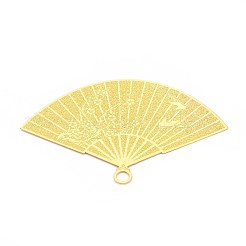 真鍮製ビッグサイズペンダントトップ  ファン  エッチングされた金属装飾  長持ちメッキ  ニッケルフリー  18KGP本金メッキ  44.5x67x0.2mm  穴：4mm&nbsp;KKC-T003-47G