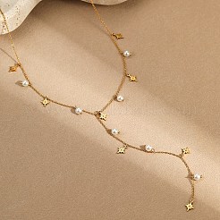 304ステンレススチールとプラスチック製の星型Y字タッセルネックレス（女性用）  ホワイト  18KGP本金メッキ  17.32インチ（44cm）&nbsp;WGA1DD9-01