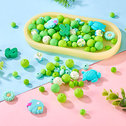 夏をテーマにした食品グレードの環境に優しいシリコンビーズ  焦点ビーズ  混合図形  グリーン  8~33x8~29x6~15mm  穴：1~2.3mm  108個/セット&nbsp;SIL-TA0002-72