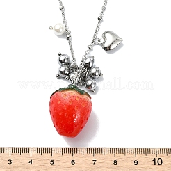 Shell Pearl & Resin Red Strawberry Pendant 304 Stainless Steel Satellite Chain Necklaces for Women&nbsp;NJEW-JN06118