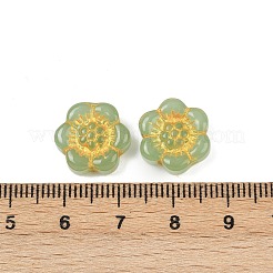 焼き付け塗料と金色の金属で覆われたガラスビーズ  花  ダークシーグリーン  13x14x4.5mm  穴：1.2mm&nbsp;DGLA-T004-10C