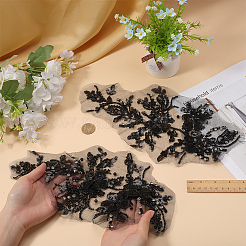 フラワーガーゼ＆スパンコール刺繍オーナメントアクセサリー  プラスチック模造パールビーズアップリケ  バックパック用  服  ブラック  340x190x7mm&nbsp;DIY-WH0430-464A