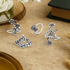 1 Bag Boho Silver Vine Leaf Flower Ring Set - 4 Piece Nature Inspired Jewelry Collection&nbsp;RJEW-LP0004-33