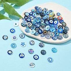 フラットバックガラスカボション  半円形/ドーム、ナザールボンジュウとハムサの手の模様  ミックスカラー  12x3.5~4mm  100個/袋&nbsp;GGLA-N005-12mm-01
