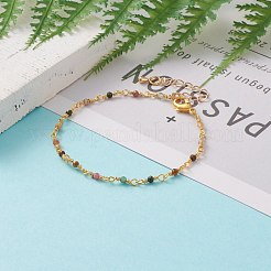 ファセット加工されたラウンド型の天然マルチカラートルマリンビーズブレスレット  真鍮カニカン付き  ゴールドカラー  7-3/8インチ（18.7cm）&nbsp;BJEW-JB05768-02