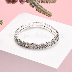 ガールフレンドの結婚式のダイヤモンドのブレスレットのバレンタインデーに贈り物  2行ストレッチラインストーンブレスレット  真鍮  銀色のメッキ  約7.5~8 mm幅  5センチ内径&nbsp;X-B115-2