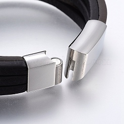 レザーコード多連ブレスレット  304ステンレススチール製マグネット留め具付き  ブラック  8-5/8インチ（22cm）&nbsp;BJEW-F325-16P