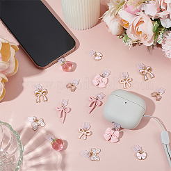 16 個 8 スタイル PVC モバイル防塵プラグ  合金と樹脂の蝶結びのピーチペンダント付き  ゴールドカラー  ピンク  21~39mm  2個/スタイル&nbsp;HJEW-ME00124