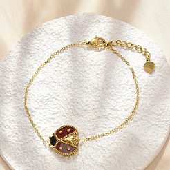 女性用304ステンレススチールアズキチェーンチャームブレスレット  エナメル甲虫チャーム  イオンプレーティング（ip）  18KGP本金メッキ  6-7/8インチ（17.6cm）&nbsp;BJEW-U024-02G-01