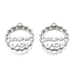 ラックメッキ合金ペンダント  カドミウムフリー＆鉛フリー  酒に酔った女性の言葉とボトル キャップ  プラチナ  22x20x3.5mm  穴：1.6mm&nbsp;PALLOY-F286-02P