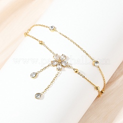 304 Stainless Steel Pave Clear Cubic Zirconia & Crystal Rhinestone Double Layer Flower Charm Anklets for Women&nbsp;AJEW-G069-02G
