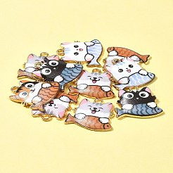ラックメッキ合金エナメルペンダント10個。  ゴールドカラー  猫のチャーム  ミックスカラー  18x18x3mm  穴：2mm&nbsp;FIND-FS0002-53B