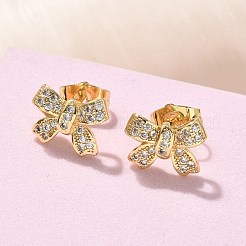 真鍮マイクロペーブクリアキュービックジルコニアスタッドピアス  長持ちメッキ  18KGP本金メッキ  蝶結び  9.5x12.5mm&nbsp;EJEW-D305-18G