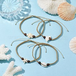 海の動物合成ターコイズビーズ編みナイロンコードブレスレット4個  天然の貝殻ビーズと木のビーズを使用  バリーウッド  内径：6.1~9.8のCM&nbsp;BJEW-JB10210
