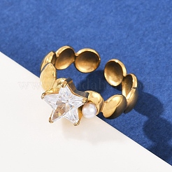 女性用304ステンレススチールカフリング  スター  ガラスドリルとプラスチックビーズ付き  ゴールドカラー  9x9.5mm  usサイズ7（17.3mm）&nbsp;RJEW-S639-03G