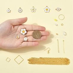 デイジーダングルイヤリングのDIYキット  合金エナメルチャーム付き  ガラスビーズ  ピアスフック  ホワイト  15x11.5x2mm  穴：1.4mm&nbsp;DIY-YW0016-27