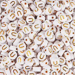 500個メッキアクリルビーズ  ゴールドライン入り  水平穴  アルファベット付きのフラットラウンド  ホワイト  U字  7x3.5mm  穴：1.2mm&nbsp;PACR-TADJ0001-01U
