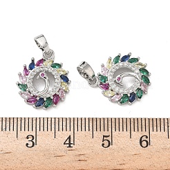 真鍮製マイクロパヴェキュービックジルコニアペンダント  孔雀とフラットラウンド  プラチナ  17.5x15x4mm  穴：4x3mm&nbsp;KK-P334-31P