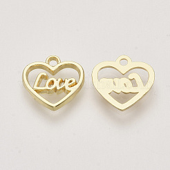 合金チャーム  単語「love」付けのハート  ライトゴールド  11.5x12x1mm  穴：1.4mm&nbsp;PALLOY-S121-163