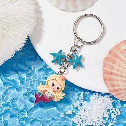 マーメイド不透明樹脂ペンダントキーホルダー  ヒトデ合成ターコイズと鉄のスプリットキーリング付き  レモンシフォン  8.8cm&nbsp;KEYC-JKC00624-02