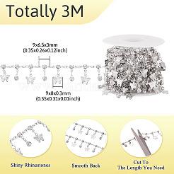 3mの手作りラインストーンフラットラウンドリンクチェーン  真鍮製の蝶のチャーム付き  スプールで  ハンダ付け  プラチナ  9x6.5x3mm&nbsp;CHC-TA0001-36