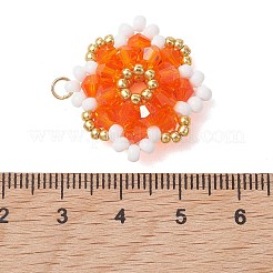 ガラスチャーム  花のチャーム  304ステンレススチールのオープン丸カンとシードビーズ付き  多面カット  オレンジ  25~25.5x25~25.5x8mm  穴：2.7mm&nbsp;PALLOY-MZ01300-01