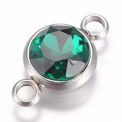 ガラスリンクコネクター  多面カット  304ステンレススチール製金具付き  フラットラウンド  ステンレス鋼色  エメラルド  17.5x10x6.5mm  穴：2.5mm&nbsp;GLAA-G018-P10