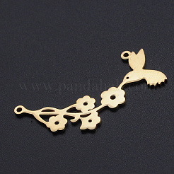 201 ステンレススチールリンクコネクター  レーザーカットリンク  鳥と花  ゴールドカラー  40x19.5x1mm  穴：1.5mm&nbsp;STAS-T054-JN783-2
