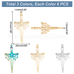 18個 3色 304ステンレススチールペンダント  中空のチャーム  剣  ミックスカラー  47x25x1.5mm  穴：1.4mm  6個/カラー&nbsp;FIND-DC0002-27