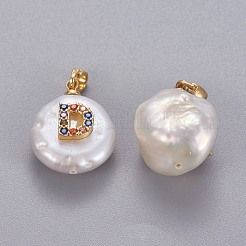 天然養殖淡水パールペンダント  真鍮マイクロパヴェキュービックジルコニアのパーツ  文字付きのナゲット  長持ちメッキ  ゴールドカラー  カラフル  文字.d  17~27x12~16x6~12mm  穴：4x2.5mm&nbsp;KK-L187-B-01D