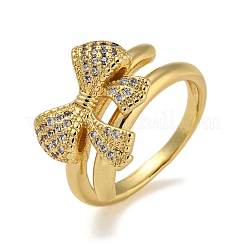 Bowknot Brass Micro Pave Clear Cubic Zirconia Double Rings&nbsp;RJEW-Z050-25G