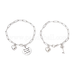 304ステンレススチールペーパークリップチェーンチャームブレスレット2個、女性用  ハート＆キー＆フラットラウンド  亜鉛合金カニカン付き  ステンレス鋼色  7-7/8インチ（20cm）&nbsp;BJEW-JB11950