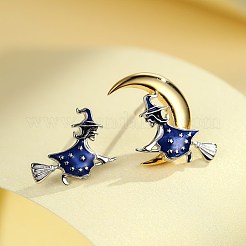 ハロウィーン 925 スターリングシルバー エナメル スタッド ピアス  非対称イヤリング  月を持つ魔女  ミッドナイトブルー  プラチナ·ゴールデン&nbsp;EJEW-BB72124