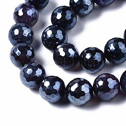 天然石瑪瑙ビーズ連売り  パール光沢メッキ  多面カット  ラウンド  ミッドナイトブルー  12mm  穴：1.6mm  約30~33個/連  13.70~15.75インチ（34.8~40cm）&nbsp;G-Q998-014A