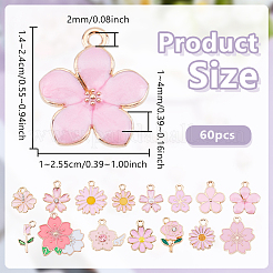 60本合金エナメルペンダント  花のチャーム  ライトゴールド  ピンク  14~24x10~25.5x1~4mm  穴：2mm&nbsp;FIND-UN0007-59