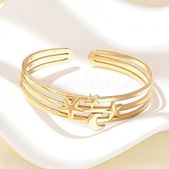 女性用304ステンレススチールカフバングル  18KGP本金メッキ  スター  5/8インチ（1.6cm）  内径：2インチ（5.2cm）&nbsp;BJEW-B120-07G-03