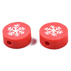 手作り樹脂粘土ビーズ  クリスマスのスタイル  スノーフレークとフラットラウンド  レッド  9x4mm  穴：1.6mm&nbsp;CLAY-N007-012
