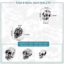 304ステンレススチールビーズ  スカル  アンティークシルバー  14~20x9~13x8.5~13mm  穴：1.5~6mm  10個/箱&nbsp;STAS-UN0008-34AS