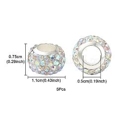 304ステンレススチールヨーロピアンビーズ  ポリマークレイラインストーン付き  大穴ビーズ  ロンデル  クリスタルAB  11x7.5mm  穴：5mm&nbsp;CPDL-YW0001-01