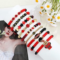 手作りポリマー粘土ヘイシビーズストレッチブレスレットセット1セット  合金チャーム付き  レッド  内径：2~2-1/4インチ（5.1~5.7cm）  9個/セット&nbsp;BJEW-SZ0002-67A-02