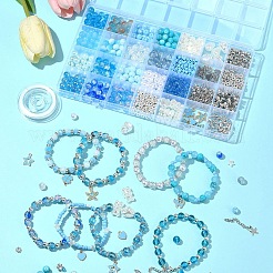 DIY 丸型ガラス & CCB プラスチックビーズ ブレスレット作成キット  空色  8~19x4~12x2.5~8mm  穴：1~2.3mm&nbsp;DIY-FS0007-56A