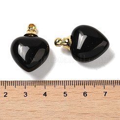 天然な黒曜石の香水瓶のペンダント  金メッキの 304 ステンレススチール製のハートチャーム  28x20x12mm  穴：2mm&nbsp;G-Z039-03G-04