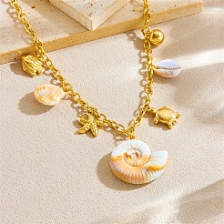 304ステンレススチール製ヒトデ貝殻ペンダントネックレス（女性用）  合成シェル付き  ゴールドカラー  16.22インチ（41.2cm）&nbsp;NJEW-F347-01A