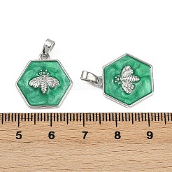 真鍮チャーム  カドミウムフリー＆鉛フリー  エナメル  蜂のチャームが付いた六角形  プラチナ  18.5x18x3mm  穴：4.5x2mm&nbsp;KK-C093-04P