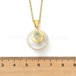 Natural Cultured Freshwater Pearl Coin with Hamsa Hand Pendant 304 Stainless Steel Cable Chain Necklaces for Women&nbsp;NJEW-JN06119