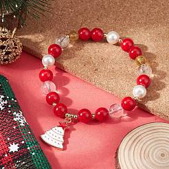 Natural Dyed Mashan Jade & Quartz Crystal Round Beaded Stretch Bracelet with Alloy Enamel Christmas Tree Charms&nbsp;BJEW-TA00266